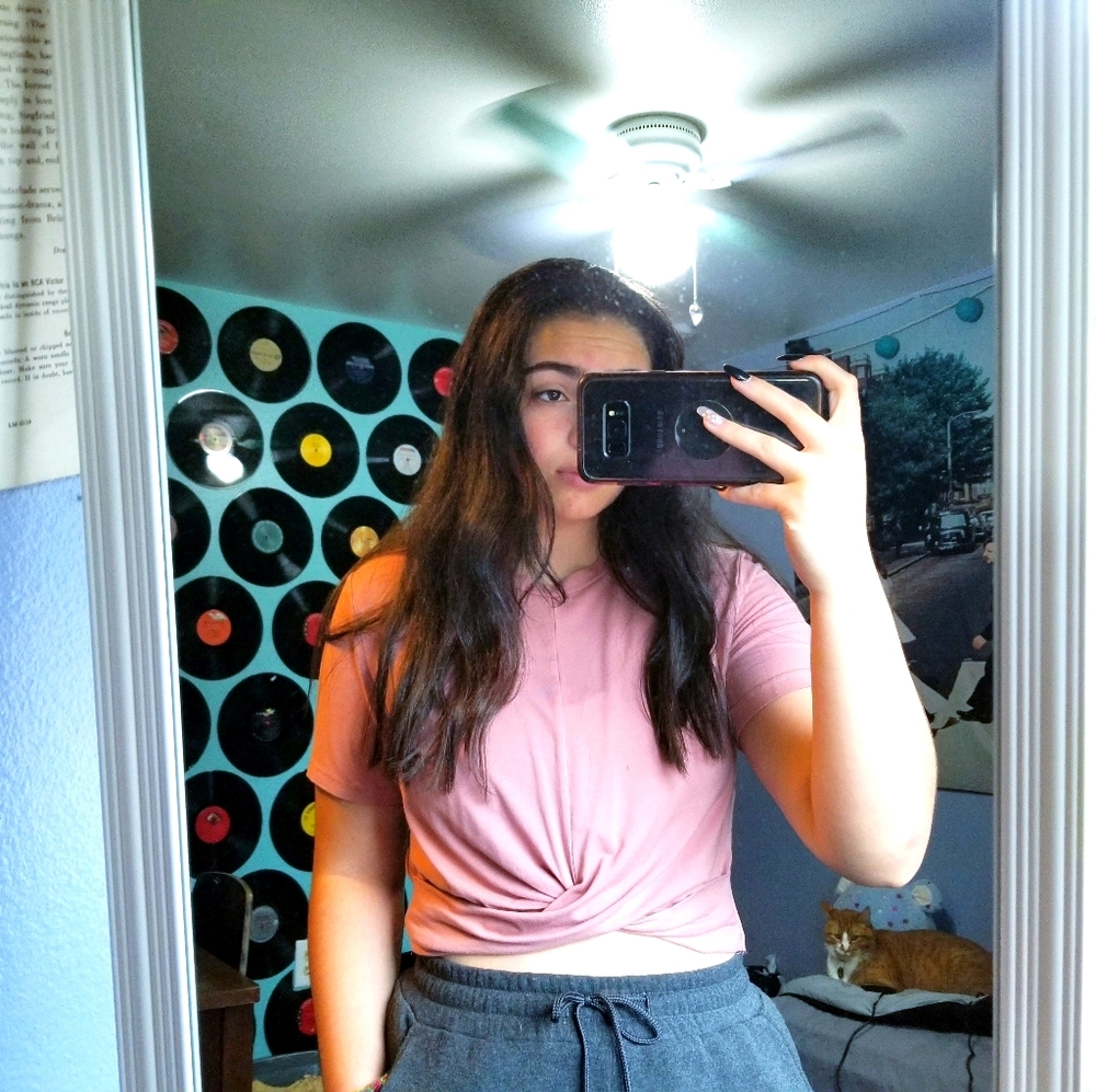 pink shirt with tie